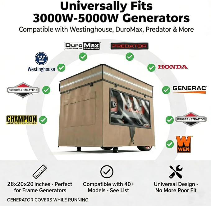 Generator Covers While Running, Generator Covers Compatible with 3000W-5000W Generator, 28"L x 20"W x 20"H Heavy Duty Waterproof Generator Cover for Outside, Transparent Windows to See Gauges, Khaki