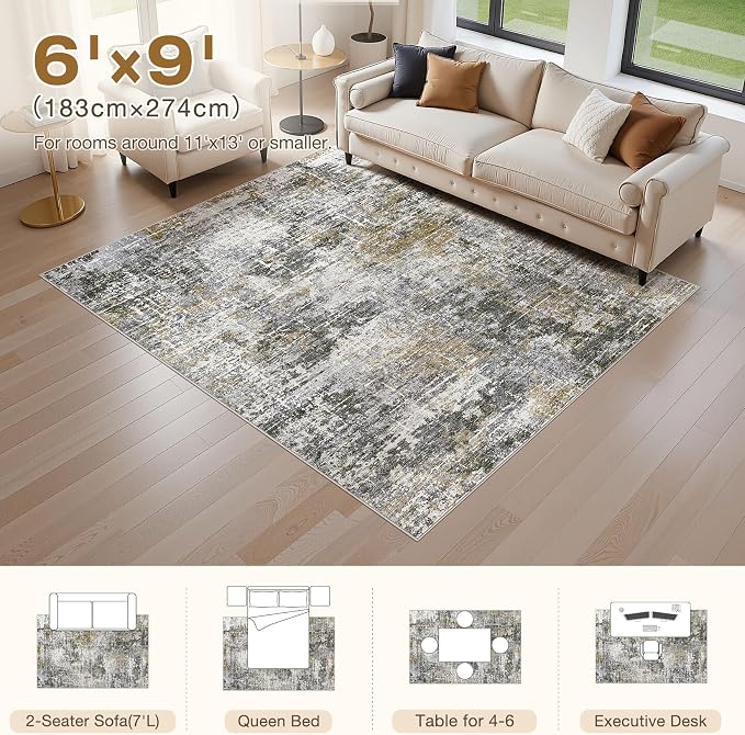 kakania Abstract 6x9 Area Rugs for Living Room: Washable Rugs Black Gold | Soft, Non-Slip, Low-Pile, Pet & Kid Friendly - Modern Home Decor Carpet for Bedroom/Dining Room/Office/Nursery