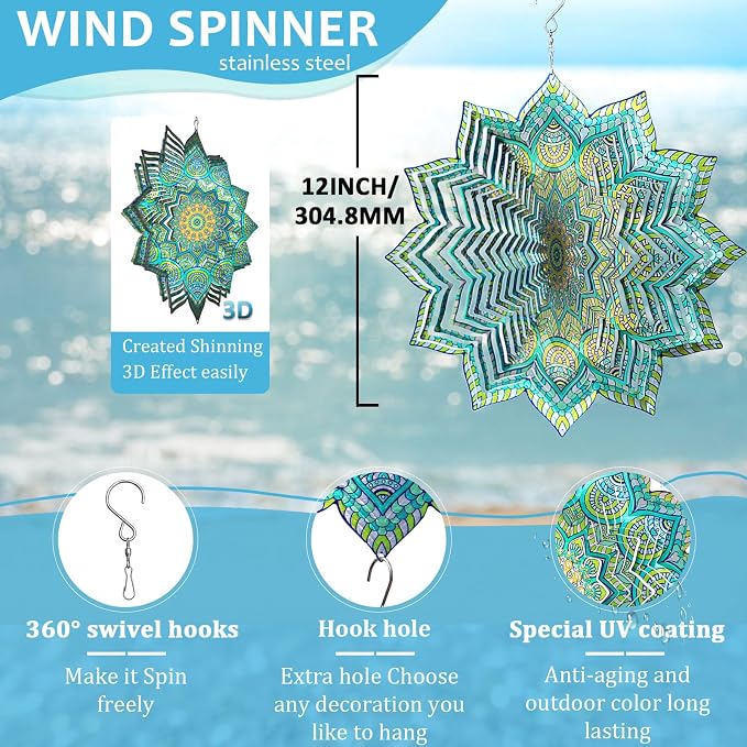 Wind Spinner Mandala Peacock Flower,12In Stainless Steel Wind Spinners Outdoor,3D Yard Art Decorations,Hanging Kinetic Sculptures,Garden Decor,Gifts for Women,Mother,Men,Father,Holidays