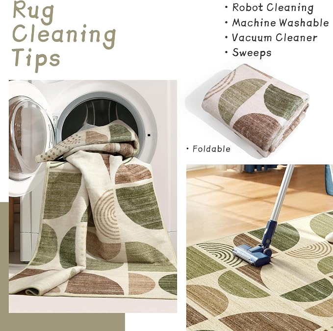 Runner Rug Washable,2x6 Area Rugs Non Slip Modern Abstract | Long Throw Carpet for Hallways Kitchen Bathroom Bedroom Entryway Bedside Laundry Boho Soft Low Pile Vintage Green and Brown