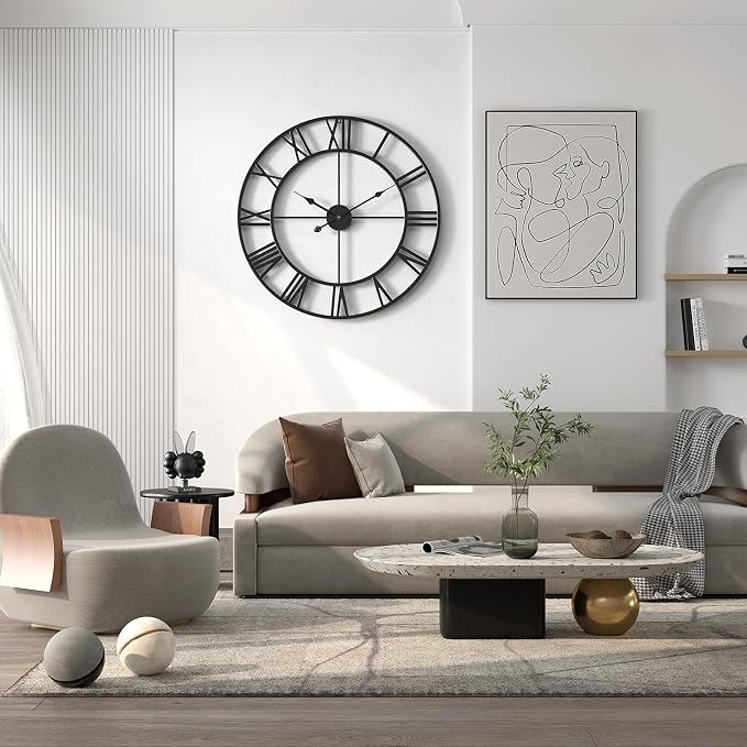 Large Outdoor Indoor Waterproof Metal Wall Clock, Completely Silent, 24 inch Roman Numerals Vintage Art Decor Modern Clocks, Mid-Century Battery Operated Home Decorative for Kitchen,Bedroom,Office