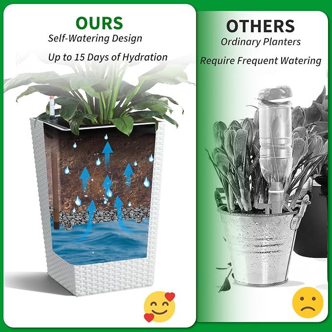 Garvee Set of 2 Tall Rattan Planters, 16 Inch Black Planters for Indoor Outdoor Plants, Flower Pots with Drainage & Water Level Window for Porch, Patio & Balcony
