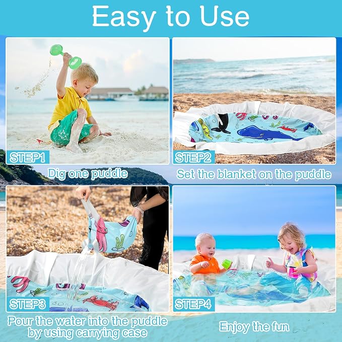 Tondiamo Baby Beach Pool for Toddler Kids Waterproof Foldable, 6.6 x 6.6 ft | 2 in 1 Sandproof Play Blanket, Portable Outdoor Vacation Summer, Mini Splash Pad, Quick Setup with Drawstring