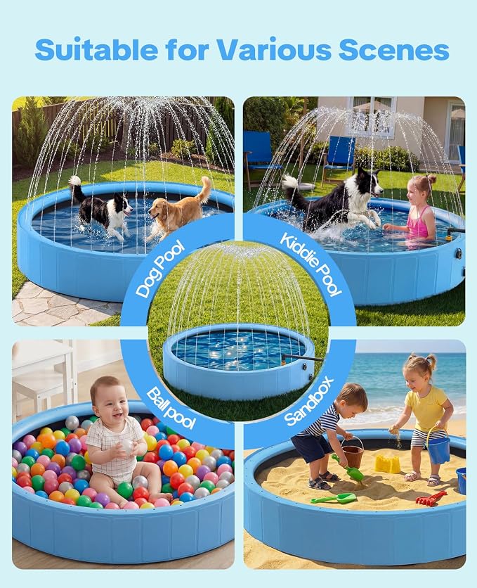 97'' Dog Pool with Sprinkler, Foldable Dog Pools for Large Dogs, 2-in-1 Non-Slip Swimming Pool for Dogs & Kids, Heavy Duty Hard Plastic Pet Bathing Tub for Outdoor Backyard, Blue