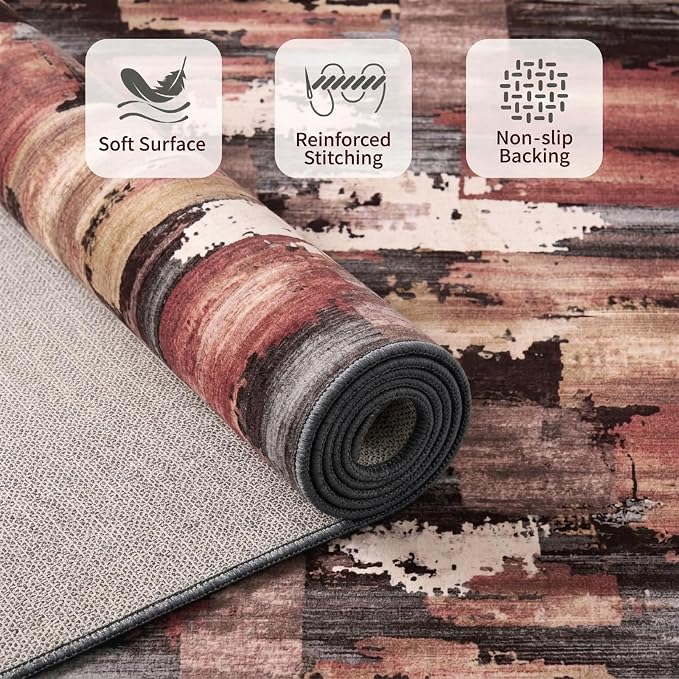 5x7 Rust and Beige Distressed Patchwork Area Rug for Living Room | Soft Low-Pile Machine-Washable Rug with Non-Slip Backing for Bedrooms, Dining Rooms and Home Offices, Designed for Easy Care