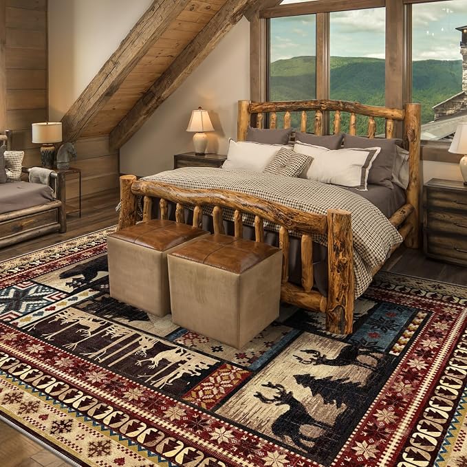 LOKHOM 5x7 Rustic Cabin Area Rug, Non-Slip Washable Western Lodge Bear Rug | Bear Pattern, Low Pile, Soft Vintage Wildlife Accent Floor Carpet, For Living Room Bedroom Entryway Nursery