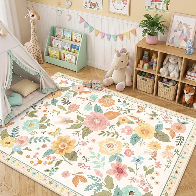 RELEANY Floral Washable 3x5 Area Rugs Beige/White/Orange | Flower Carpet, Print, Boho, Non-Slip, Easy to Clean, Soft, Low Pile for Living Room Bedroom Kitchen Office Entryway Hallway