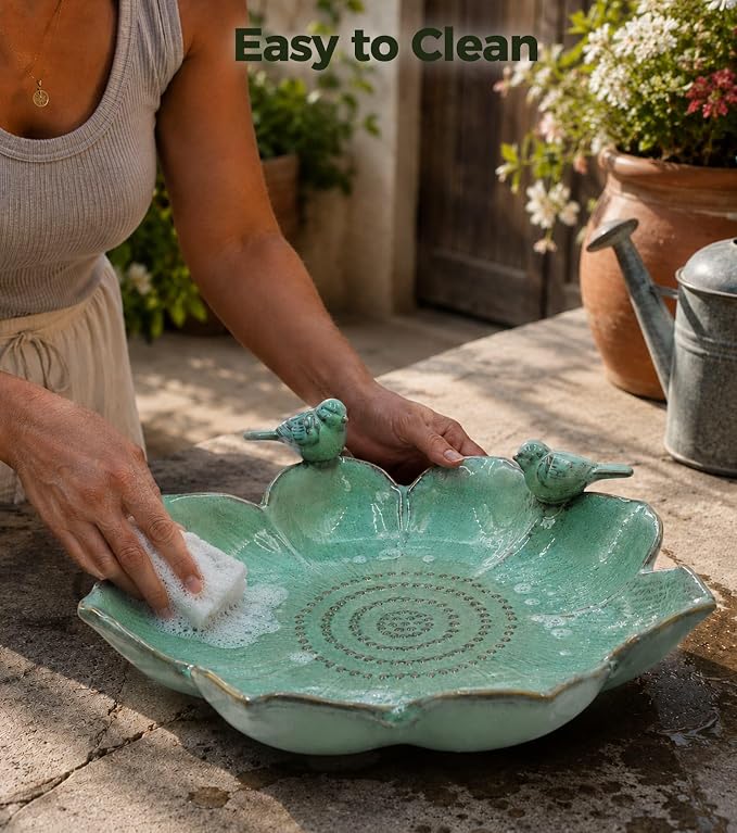 11.8" Ceramic Birdbaths for Outdoors | Bird Bath for Outside with Bird Figurines, Decorative Outdoor Bird Bath Bowl for Garden Decor, Gifts for bird lovers