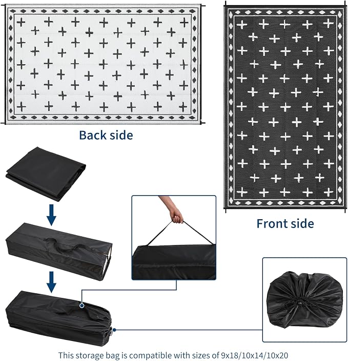 Outdoor Patio Rug 9x18 Waterproof Outside Area Rugs Modern Reversible Plastic Straw Carpet for RV Deck Camping Entryance Porch Picnic Balcony Beach，Black/White