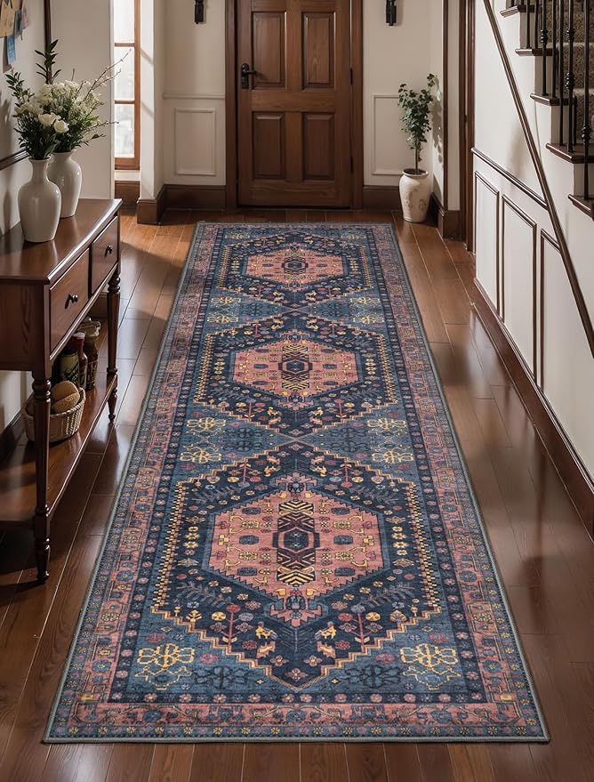 Ciicool 2x7ft Runner Rug,Vintage Washable Area Rugs for Hallway Kitchen | Navy Soft Oriental Indoor Mat Thin Boho Entry Carpet for Entrance Bedroom Bedside Living Room Laundry Bathroom Decor