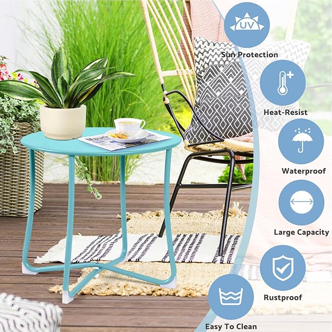 AMAGABELI GARDEN & HOME Metal Patio Side Table 18” x 18” Heavy Duty Weather Resistant Anti-Rust Outdoor End Table, Small Steel Round Coffee/Snack Porch Table Table for Balcony Yard Lawn, Mint Green