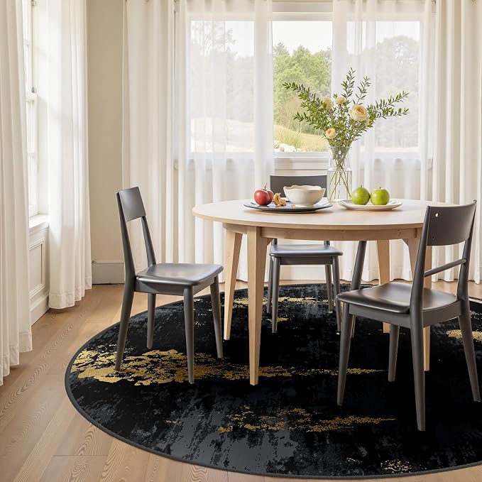 RELEANY Washable Round 6ft Area Rug for Living Room Black Gold | Carpet for Bedroom, Kitchen, Office, Hallway and Entryway, Printed Pattern, Non‑Slip, Soft, Stain‑Resistant, Easy to Clean