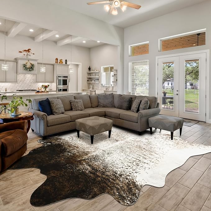 6x7 Cowhide Rug, Washable Faux Brown and White Hide Area Rugs for Living Room, Vintage Cabin Spotted Animal Skin Print Carpet for Under Couch Bedroom, Synthetic Cowskin Leather Decor