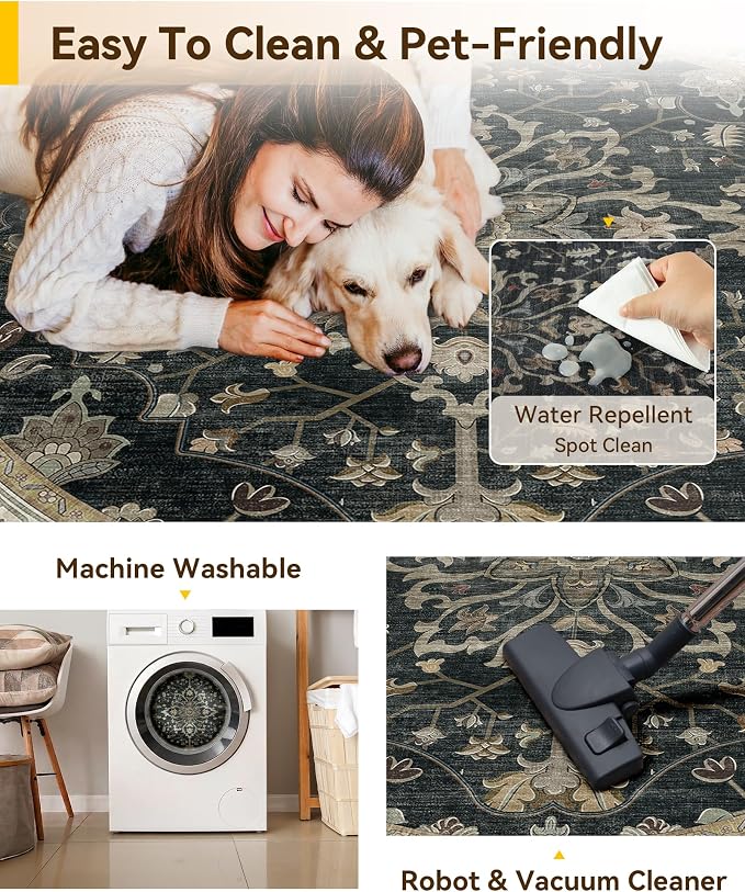RELEANY Washable Area Rug, Round 5ft, Black/Vintage/Beige | Non-Slip, Water Repellent, Pet Friendly, Easy to Clean, Vintage Floral Boho Decor for Living Room Bedroom Dining Room