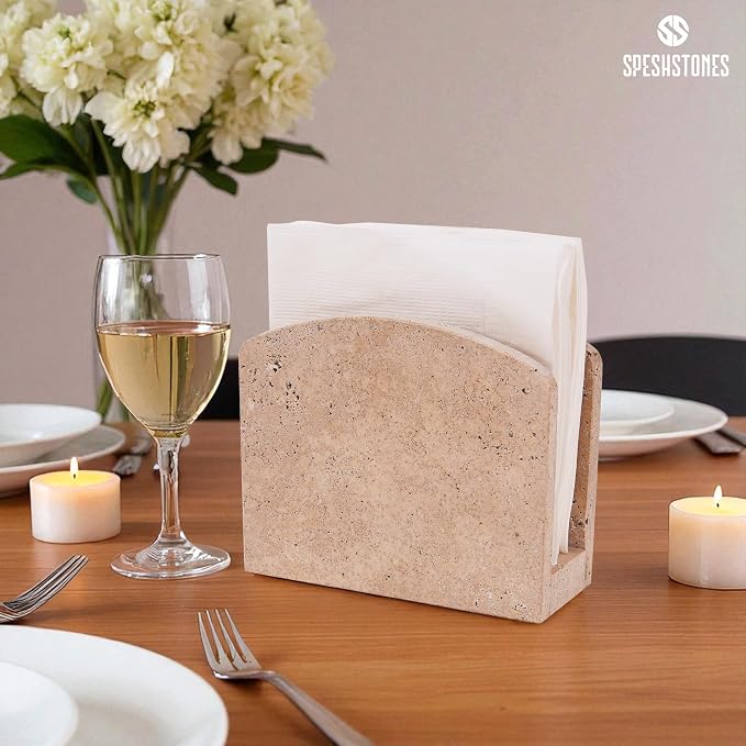 Marble Napkin Holder 6.5 Inch Handmade Travertine Napkin Holder for Table - Stone Paper Napkins Organizer for Kitchen Countertop & Bathroom Decor