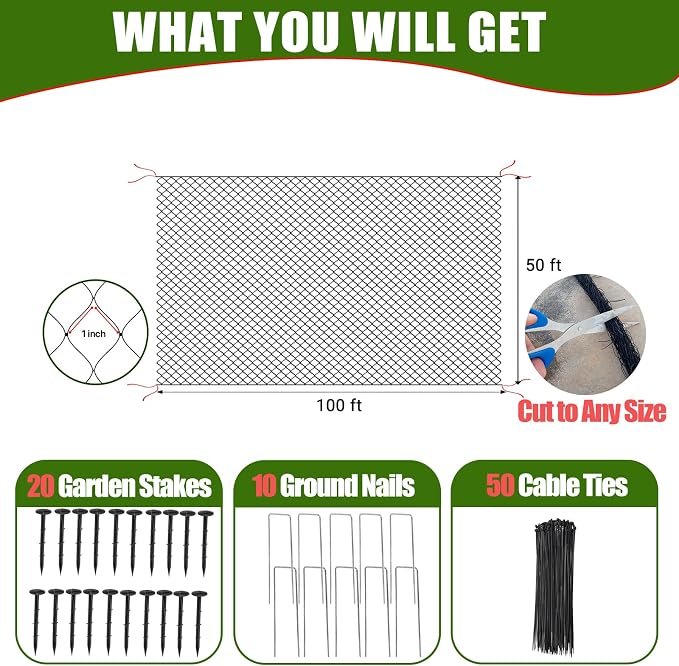 50x100 Bird Netting for Garden Protection - 1" Mesh Netting to Cover Chicken Coops and Garden Hoops, Large Bird Net to Protect Chickens, Blueberry Bush, Fruit Trees, Plants from Hawks, Deer