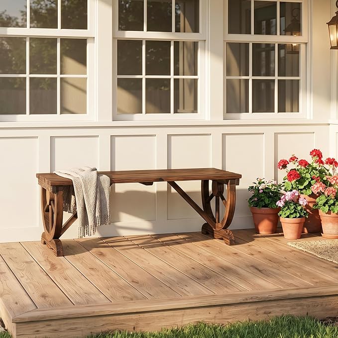 VINGLI Rustic Wooden Wheel Bench Outdoor Bench, Patio Bench Wagon Slatted Seat, Garden Benches for Outdoors 350lbs High Capacity, Weather Resistance (Rustic, 38in)