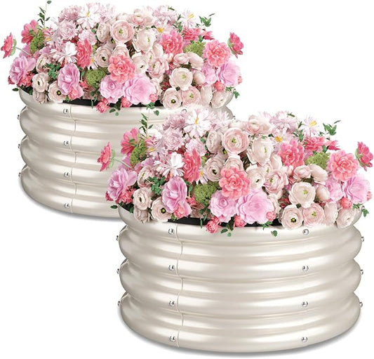 2 x 2 x 1 ft Round Raised Garden Bed, White 2 Pack 12 in Deep Galvanized Steel Planter Box with Safety Edge Trim for Vegetables Flowers Herbs Backyard Patio Outdoor Garden