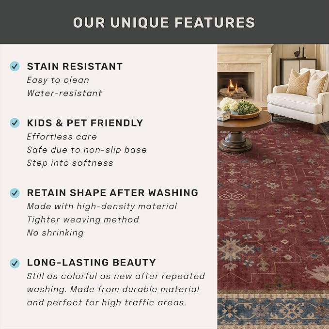 5x8 Boho Dark Red Rug for Living Room - Vintage Oriental Revival Low-Pile Carpet for Bedroom, Dining Table, Machine Washable Area Rug Non-Slip with Rubber Back