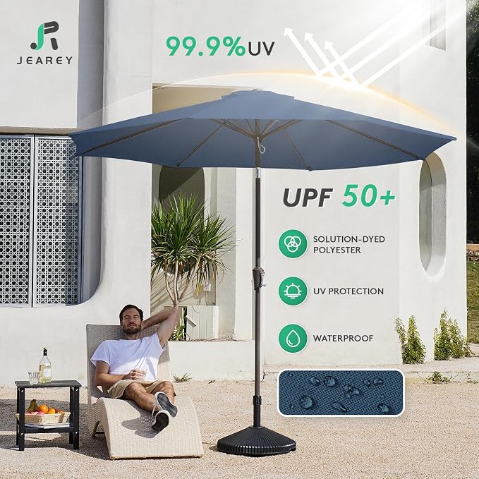 JEAREY 9FT Outdoor Patio Umbrella Outdoor Table Umbrella with Push Button Tilt and Crank, Market Umbrella 8 Sturdy Ribs UV Protection Waterproof for Pool, Deck, Backyard, Garden (Blue)
