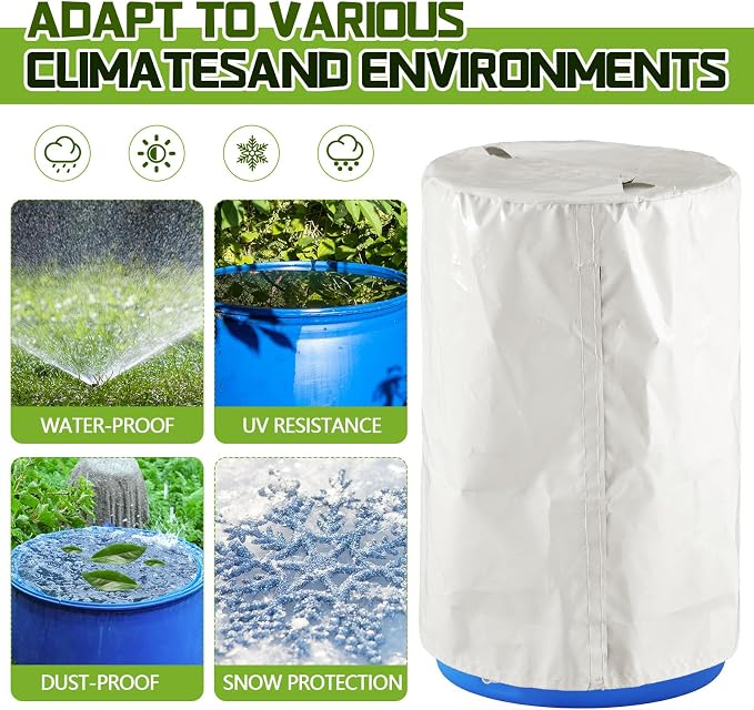 1 Piece 55 Gallon Drum Cover 24 x 36 Inch 55 Gallon Water Barrel Covers Outdoor Waterproof Rain Snow Water Storage Bucket Lid Protective Hook/loop Closure Anti Dust (White)