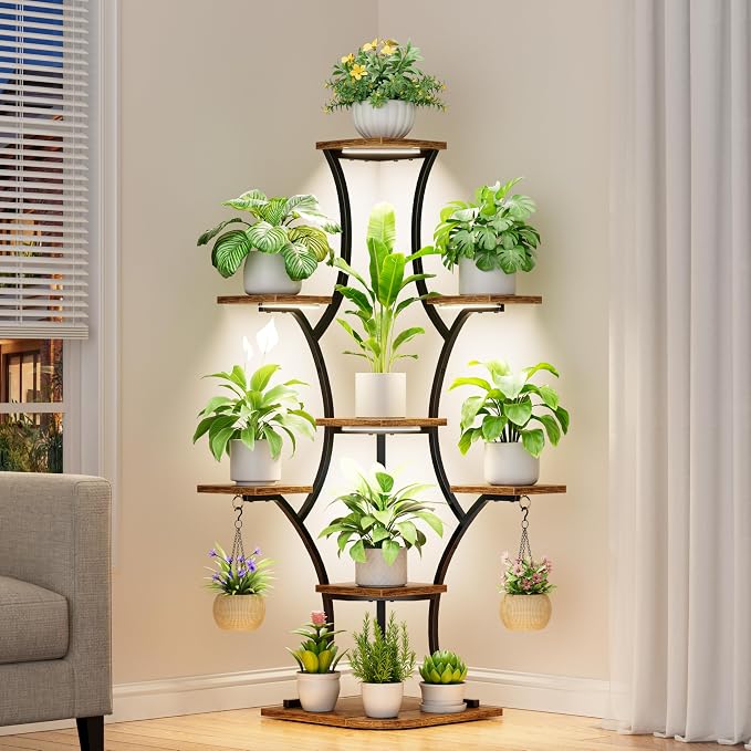 Corner Indoor Plant Stand With Grow Lights, 8 Tier, 52.6" Tall | Plant Shelf, Flower Holder, Display Rack,Heavy Duty Anti-rust Iron Pipes, Water-resistant & Anti-corrosive Wood, Auto Timer