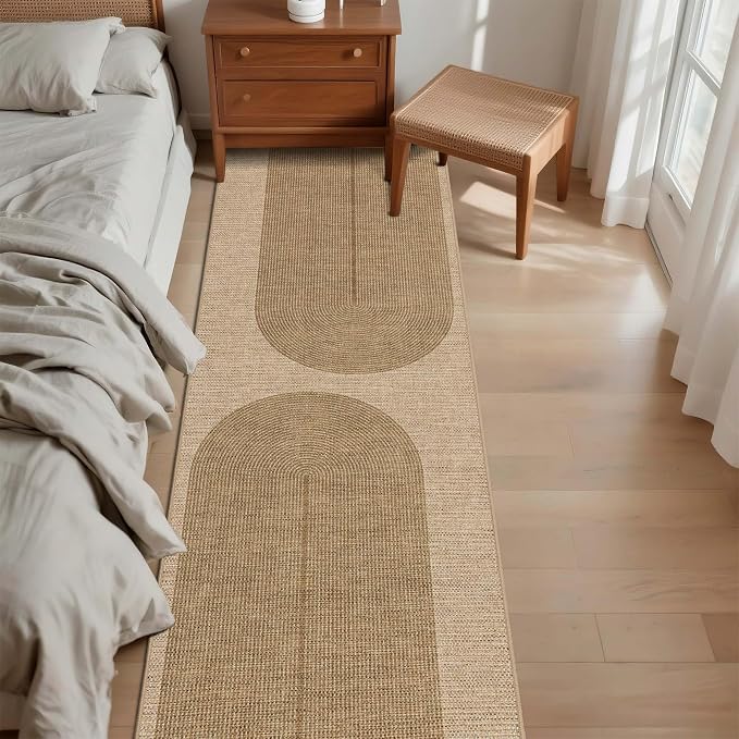 Outdoor Easy Jute Runner Rug: 2.5x8 Modern Natural Area Rugs for Front Patio Hallway Linen-Look Fabric Durable - Neutral Washable Mat for Entryway Kitchen Bedroom - Geometric Arch Pattern