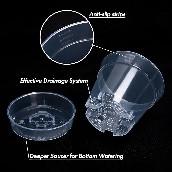4 Inch Clear Plastic Plant Pot with Drainage Holes, Interlocking & Detachable Tray - Deep Saucer - Durable BPA-Free Plastic, Transparent Design, Raised Base for Airflow, Set of 12, 92-X-B-2
