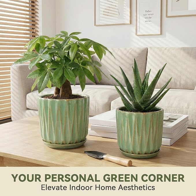 7.5 Inch Ceramic Planter Pot with Saucer Drainage Leak-Proof Mesh,Flower Pots for Indoor Plants with Gardening Gloves,Ceramic Planter(Light Green)