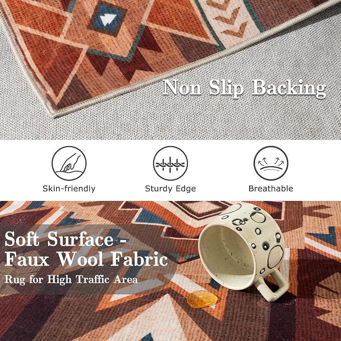 5x7 Western Rustic Aztec Area Rug for Living Room Bedroom Dining Room | 5x7 Southwestern Tribal Red Brown Low Pile Faux Wool Rug, Machine Washable Non-Slip Carpet for Living Room Dining Bedroom