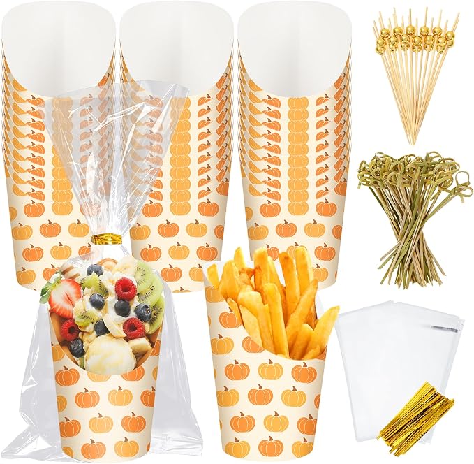 FYSUIMU 50Pcs Fall Thanksgiving Charcuterie Paper Cups with Sticks Bags Twist Ties 14oz Pumpkin Disposable Appetizer Cups French Fry Holder for Autumn Harvest Thanksgiving Party Supplies