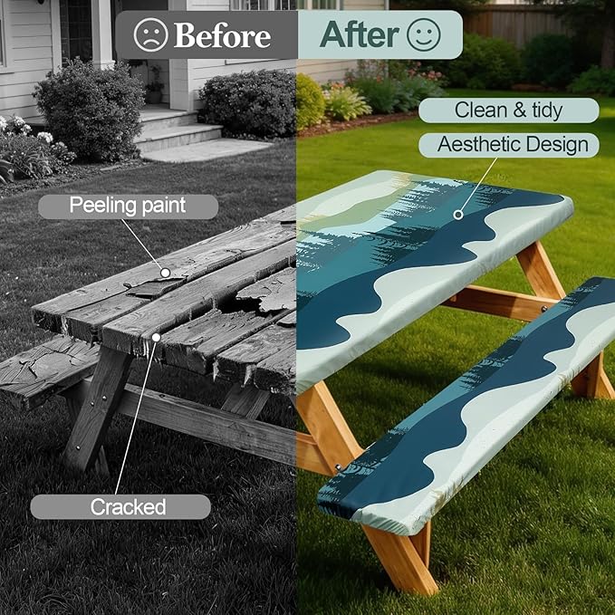 Play Tailor Picnic Table Cover with Bench Covers Camping Essentials Waterproof Windproof Camping Tablecloth with Drawstring Bag, Fitted Rectangle Tables and Seats, 60in, Green Blue