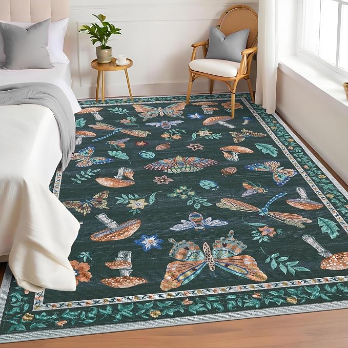ROYHOME Washable Rug 5x7 Area Rugs for Living Room, Mushroom Insect Rug for Bedroom, 5x7 Rug Non Slip Throw Rugs with Rubber Back, Low Pile Stain Resistant Modern Carpet for Dining Room Dorm,Black