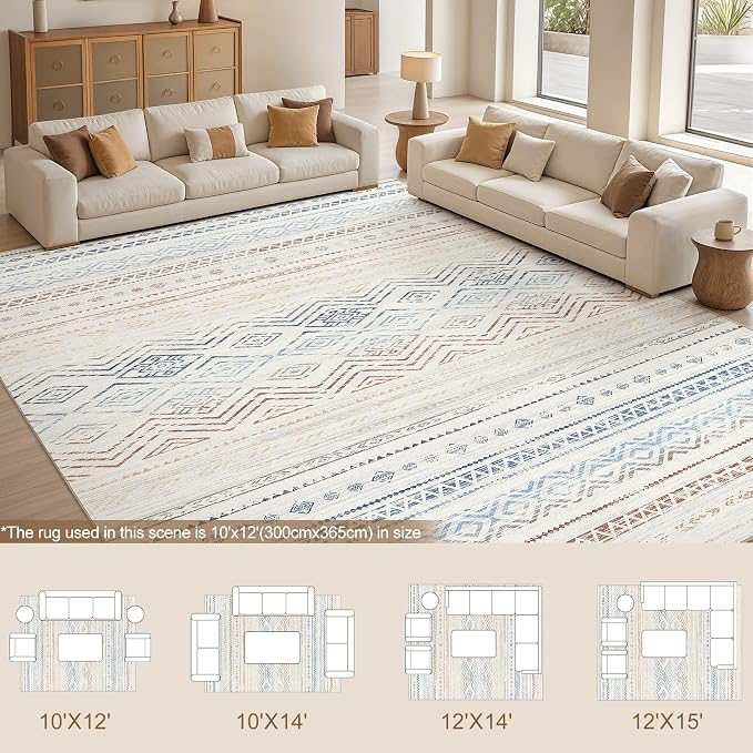 Tortania Area Rug Living Room Rugs- 12x15 Washable Large Soft Neutral Boho Moroccan Bohemian Farmhouse Rug Indoor Floor Carpet for Bedroom Under Dining Table Home Office Decor - Multicolor