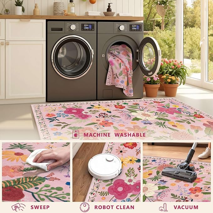 Latte&Fog Pink Washable Hallway Runner Rug 2.6x8 Non Slip Kitchen Rug | Low Pile Soft Cute Throw Rug Doormat for Entrance Bathroom Laundry Bedside Bedroom Nursery Playroom Hallyway Dorm Office