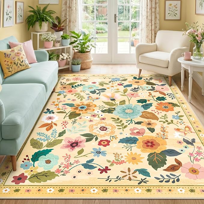 RELEANY Floral Washable 5x7 Area Rugs Yellow/Orange | Flower Carpet, Print, Boho, Non-Slip, Easy to Clean, Soft, Low Pile for Living Room Bedroom Kitchen Office Entryway Hallway