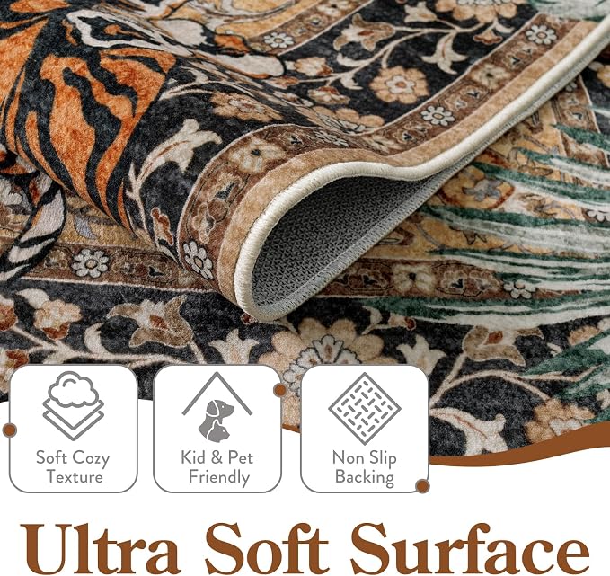 Moynesa Tiger 8x10 Area Rug, Washable Boho Rugs for Living Room, Vintage Large Soft Dining Room Rug, Non Slip Ultra Thin Stain Resistant Floor Carpet for Home Office Bedroom, Camel