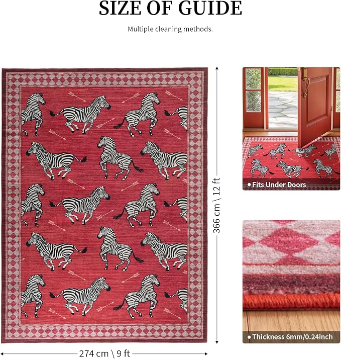 YIHOUSE Red Zebra Area Rugs 9×12, Washable Animal Print Rug with Checkered Border, Non-Slip Low Pile Mid-Century Modern Carpet for Living Room, Bedroom, Dining Room, Home Decor