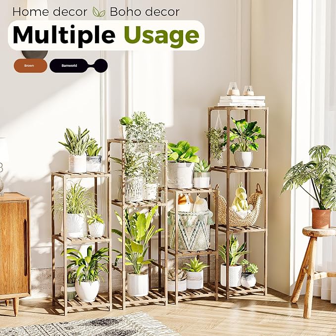 Bamworld Tall Plant Stands Indoor 4 Sets Plant Shelves Outdoor Wooden Plant Holder for Multiple Plants Flower Stands for Living Room Balcony Garden Patio Lawn Window