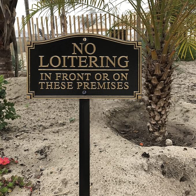 SmartSign “No Loitering In Front Or On These Premises” GardenBoss Statement Plaque | 5.75" x 9.5" Aluminum Plaque with 18" Black Lawn Stake