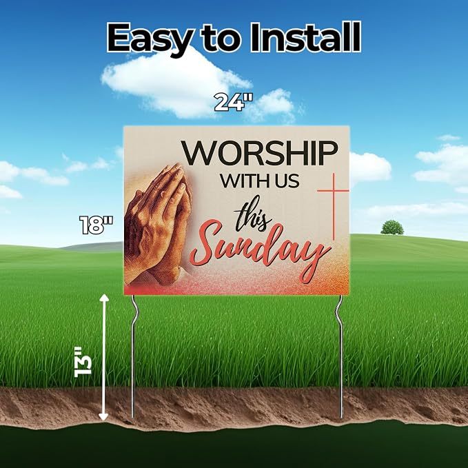 Worship With Us This Sunday! Yard Sign by DC | 24"x18" Double Sided Church Garden Sign with 13” Metal Stakes | Outdoor Signs Waterproof for Lawn, Patio, Sidewalk & House | Set of 1 | Made in USA