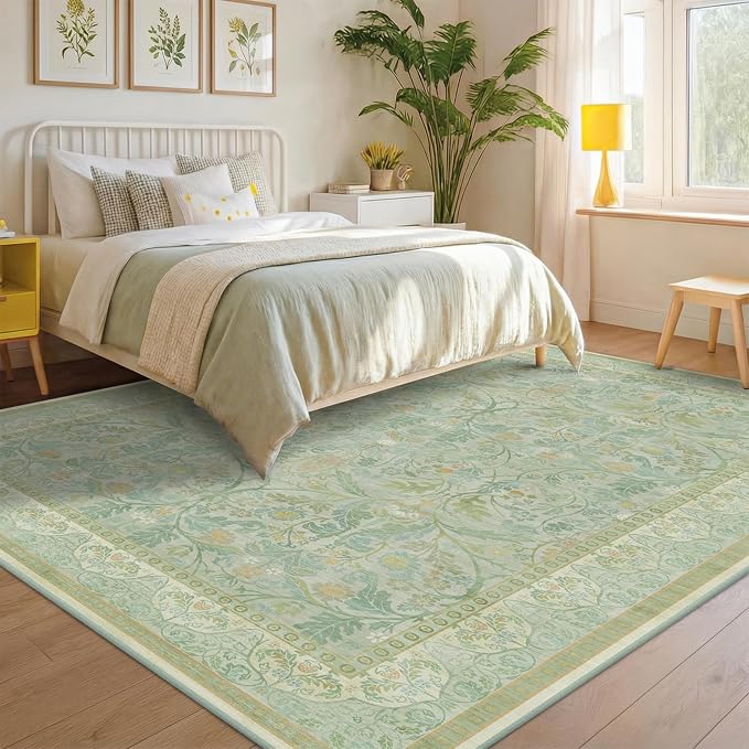 Large 8x10 Bedroom Area Rug, Washable Living Room Rugs, Floral and Botanical Shabby Chic Décor, Non Slip & Low Pile Soft Carpet (Sage Green)