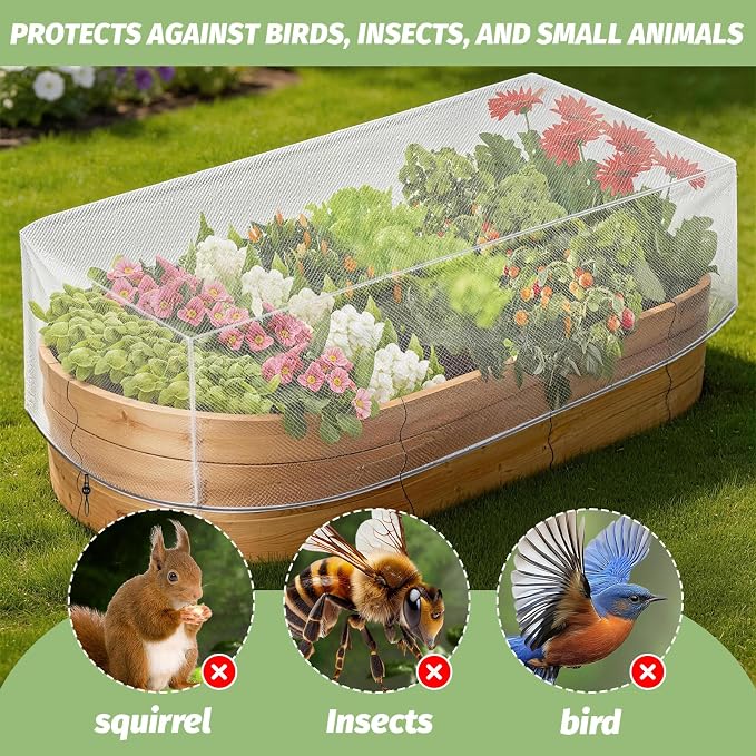 4 Packs Garden Netting for Raised Beds, 4x2 FT Raised Bed Plant Covers, Plant Netting with Drawstring for Protecting Vegetables Fruits Flowers Raised Beds