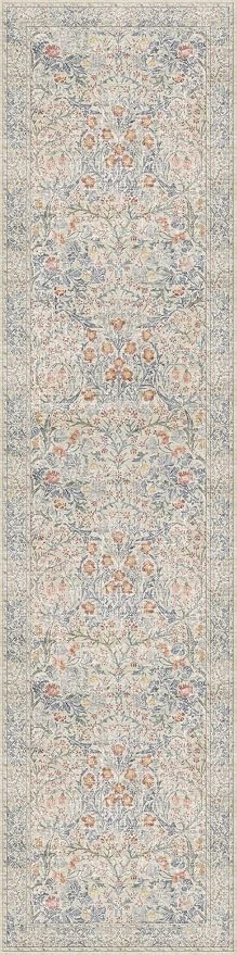 Washable Beige Blue 2x10 Runner Rug for Hallway Kitchen Mudroom, Non-Slip Stain Resistant Extra Long Floor Mat 10 ft - Vintage Floral Aethestic Decor