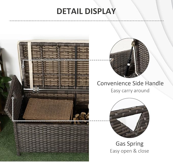 Outsunny 29 Gallon Patio Wicker Storage Bench, Outdoor PE Rattan Furniture, 2-in-1 Large Capacity Rectangle Garden Storage Box with Handles and Cushion, Red