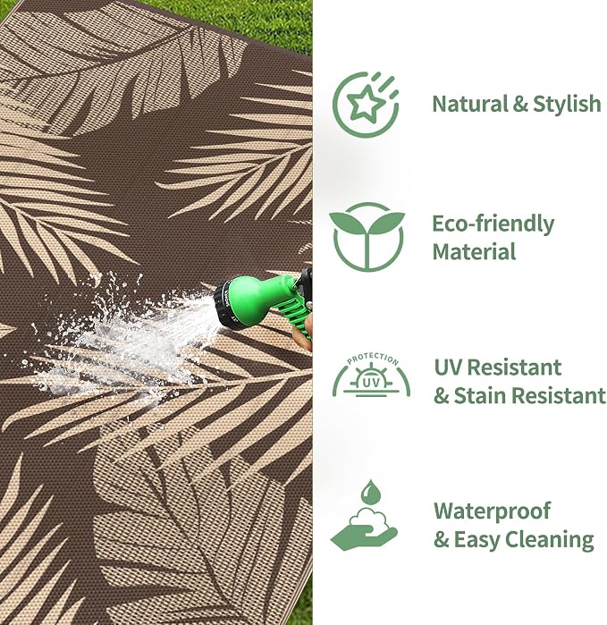GENIMO Outdoor Rug 9' x 12' Waterproof for Patios Clearance, Reversible Outdoor Plastic Straw Camping Rug Carpet, Large Area Rugs Mats for RV, Camper, Deck, Balcony, Porch, Beach, Picnic, Coffee&Beige