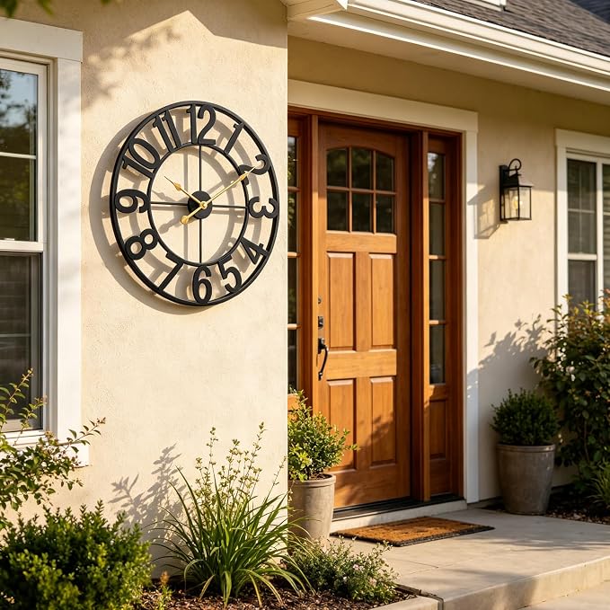 Outdoor Clock for Patio Waterproof, 18 Inch Large Outdoor Wall Clocks Battery Operated, Silent Non-Ticking Metal Garden Clock for Pool, Porch, Backyard, Fence – Black Vintage Farmhouse Decor