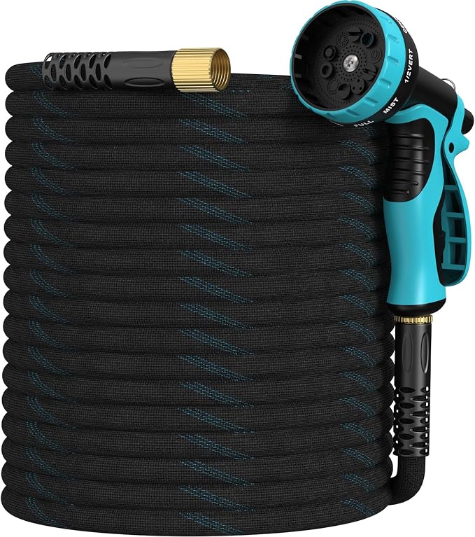 Garden Hose 100ft, Non-Expandable Lightweight & Flexible Water Hose, with 10-Pattern Spray Nozzle, Super Fabric, Leak-Proof 3/4" Solid Brass Alloy Connector Fittings, Durable