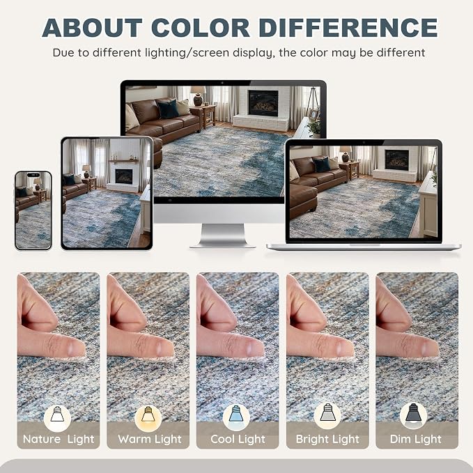 DMOYEST 8x10 Area Rug for Living Room Washable Abstract Indoor Carpet | Neutral Modern Low Pile Rugs Kid & Pet Friendly Large Soft Thin Carpet for Bedroom Dining Room - Dark Grey Blue