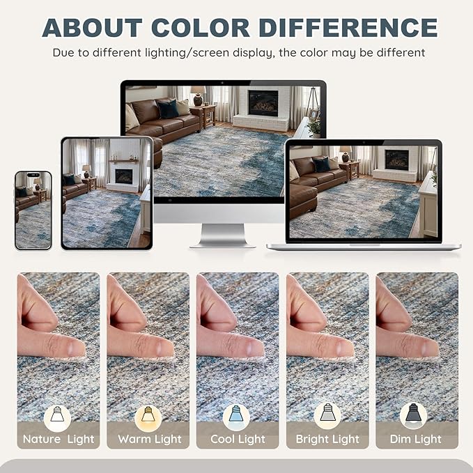 DMOYEST 10x12 Area Rug for Living Room Washable Abstract Indoor Carpet | Neutral Modern Low Pile Rugs Kid & Pet Friendly Large Soft Thin Carpet for Bedroom Dining Room and Office - Dark Grey Blue